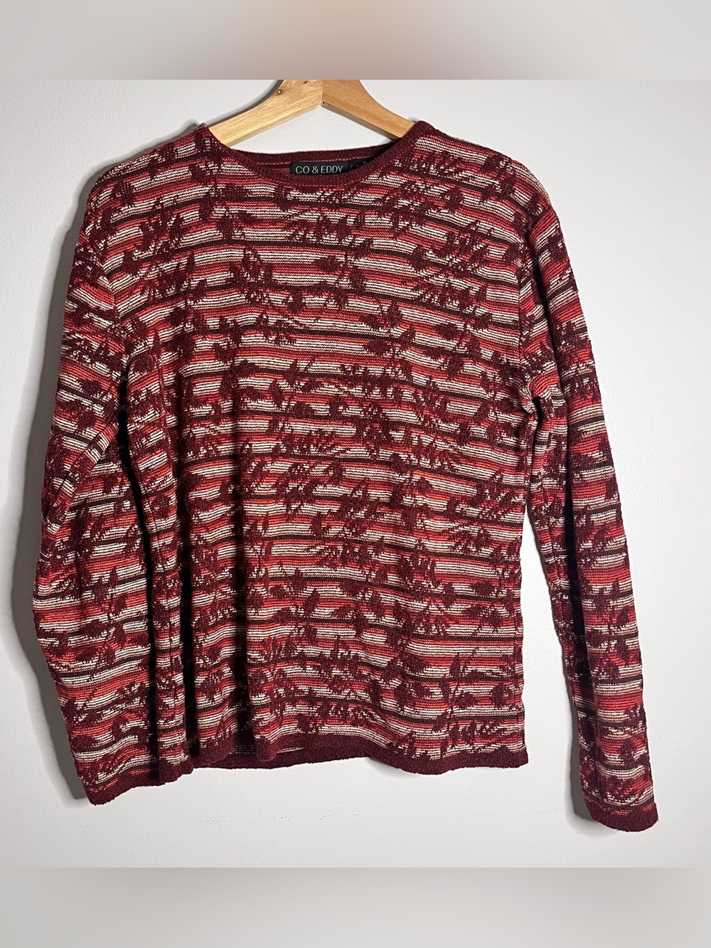 Co & Eddy Burgundy Red Floral Textured Knit Crewneck Sweater Sz XL